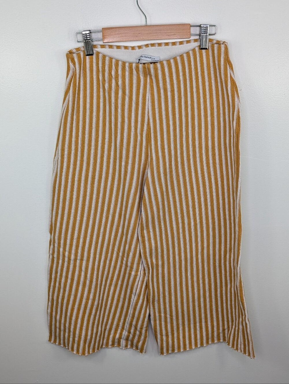 Zara Trafaluc Pants Womens Medium Yellow Striped Wide Leg Cropped Flowy Stretch